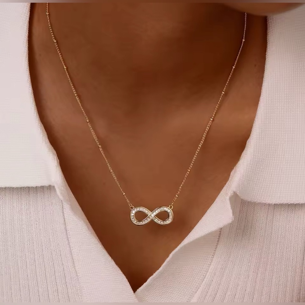 18K Gold Infinity Symbol Diamond Baguette Inlay Love Forever Necklace - Picture 4 of 7